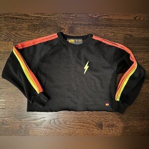Aviator Nation ladies cropped black bolt crewneck 5 stripe neon MEDIUM